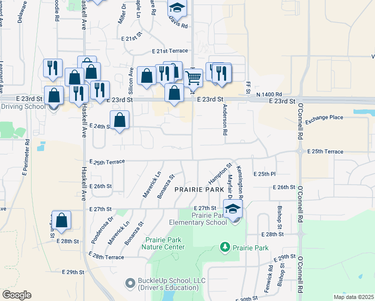 map of restaurants, bars, coffee shops, grocery stores, and more near 1701 East 24th Terrace in Lawrence