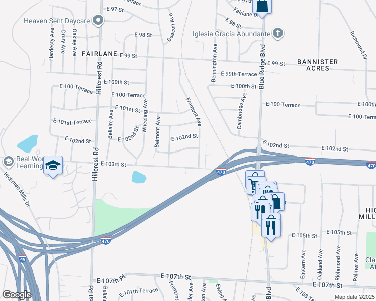 map of restaurants, bars, coffee shops, grocery stores, and more near 6307 East 102nd Street in Kansas City