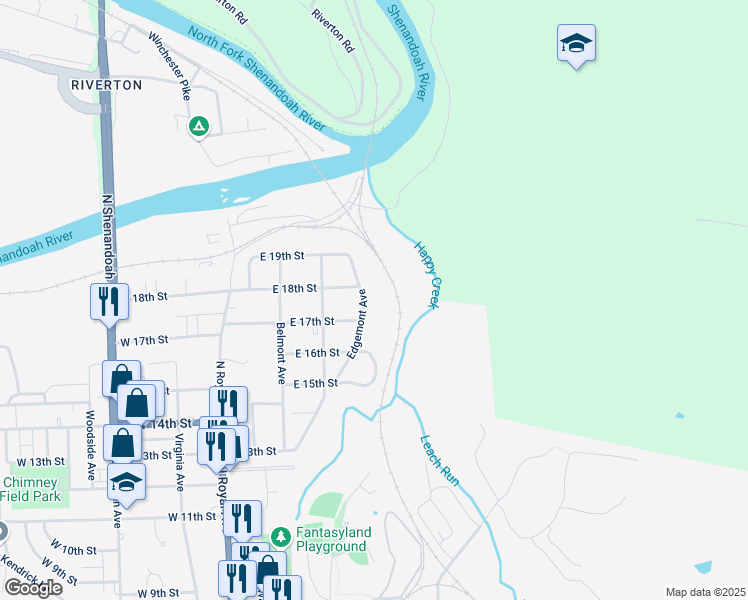 map of restaurants, bars, coffee shops, grocery stores, and more near 1632 Edgemont Avenue in Front Royal