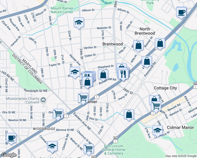 map of restaurants, bars, coffee shops, grocery stores, and more near 4004 36th Street in Mount Rainier