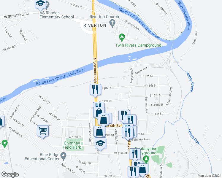 map of restaurants, bars, coffee shops, grocery stores, and more near 114 West 18th Street in Front Royal