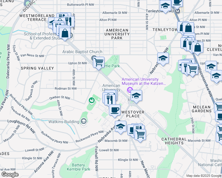 map of restaurants, bars, coffee shops, grocery stores, and more near 4400 Massachusetts Avenue Northwest in Washington