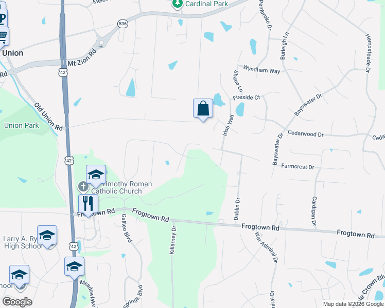 map of restaurants, bars, coffee shops, grocery stores, and more near 1807 Whispering Trail in Union
