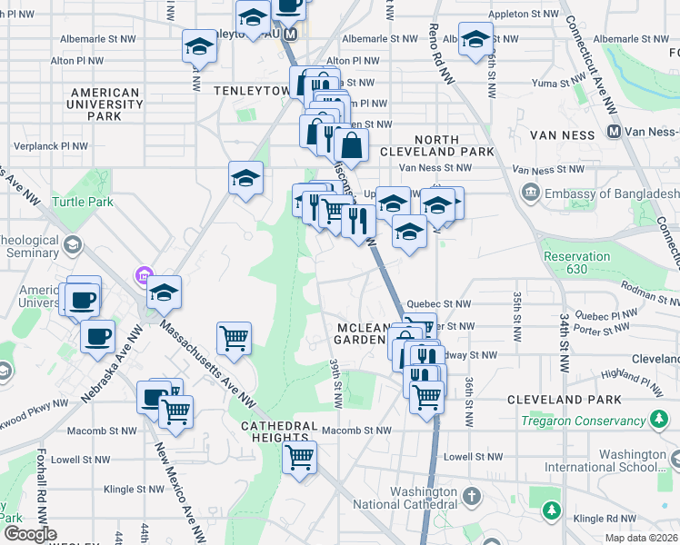 map of restaurants, bars, coffee shops, grocery stores, and more near 3863 Rodman Street Northwest in Washington