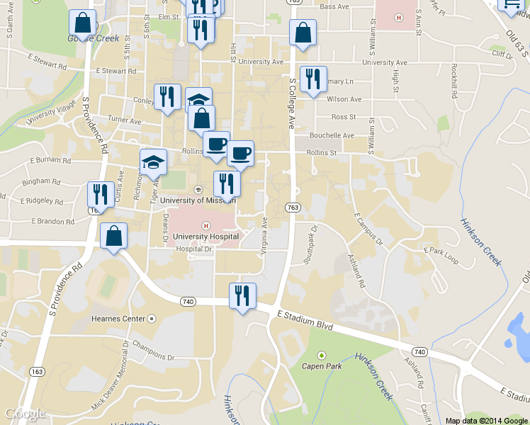 map of restaurants, bars, coffee shops, grocery stores, and more near 900 Virginia Avenue in Columbia