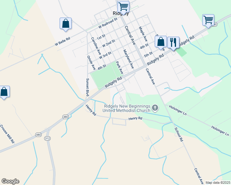 map of restaurants, bars, coffee shops, grocery stores, and more near 12072 School Street in Ridgely
