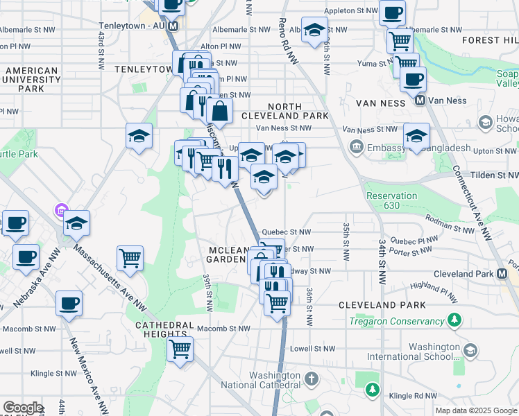 map of restaurants, bars, coffee shops, grocery stores, and more near 3825 Wisconsin Avenue in Washington