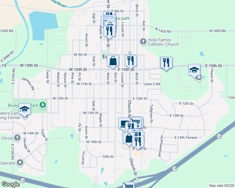 map of restaurants, bars, coffee shops, grocery stores, and more near 1111 Locust Street in Eudora