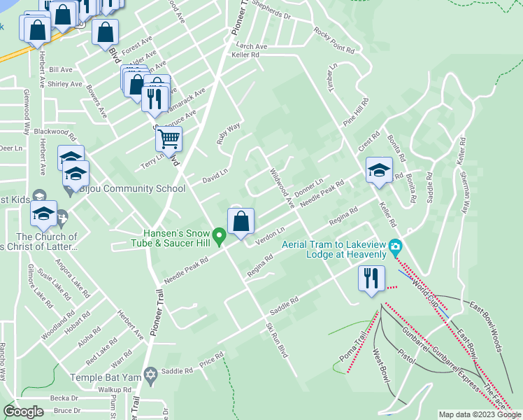 map of restaurants, bars, coffee shops, grocery stores, and more near 1366 Donner Lane in South Lake Tahoe