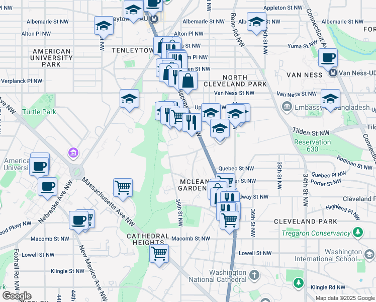 map of restaurants, bars, coffee shops, grocery stores, and more near 3839 Rodman Street Northwest in Washington