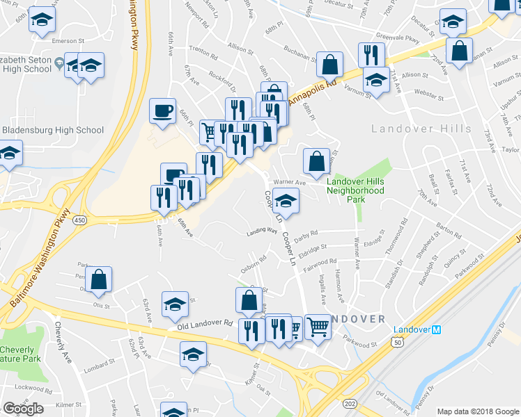 map of restaurants, bars, coffee shops, grocery stores, and more near 4004 Spirea Court in Hyattsville
