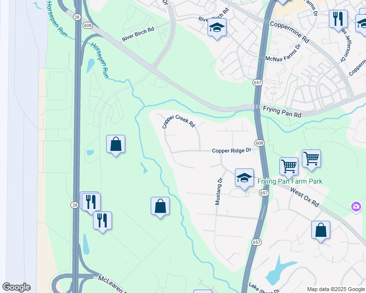 map of restaurants, bars, coffee shops, grocery stores, and more near 13614 Copper Ridge Drive in Herndon