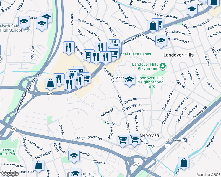 map of restaurants, bars, coffee shops, grocery stores, and more near 4004 Spirea Court in Hyattsville