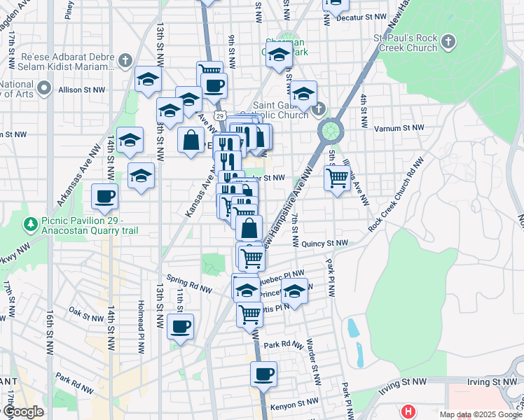 map of restaurants, bars, coffee shops, grocery stores, and more near 3912 8th Street Northwest in Washington