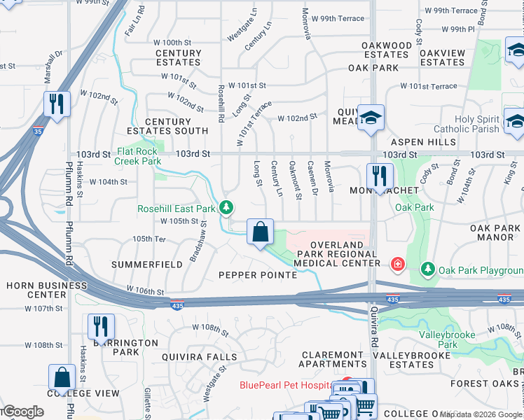 map of restaurants, bars, coffee shops, grocery stores, and more near 12622 West 104th Terrace in Lenexa