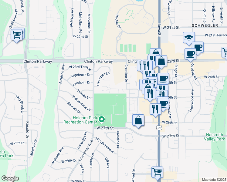 map of restaurants, bars, coffee shops, grocery stores, and more near 2606 West 24th Terrace in Lawrence