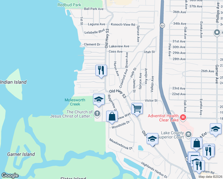 map of restaurants, bars, coffee shops, grocery stores, and more near 6060 Old Highway 53 in Clearlake