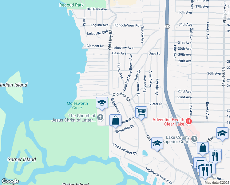 map of restaurants, bars, coffee shops, grocery stores, and more near 6060 Old Highway 53 in Clearlake