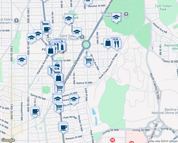 map of restaurants, bars, coffee shops, grocery stores, and more near 3917 5th Street Northwest in Washington