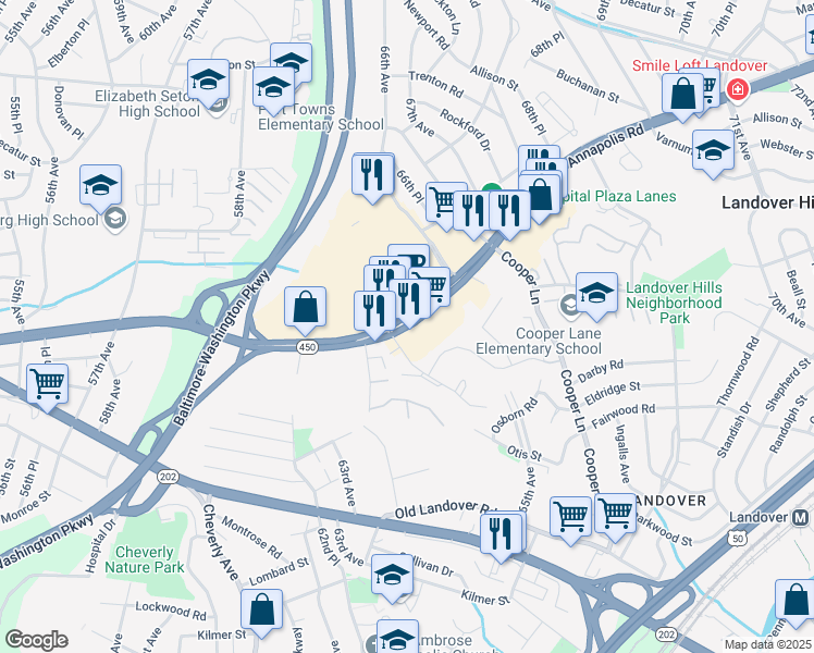 map of restaurants, bars, coffee shops, grocery stores, and more near 6300 Annapolis Road in Hyattsville