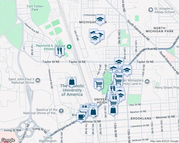 map of restaurants, bars, coffee shops, grocery stores, and more near 4000 7th Street Northeast in Washington