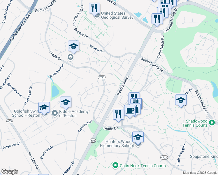 map of restaurants, bars, coffee shops, grocery stores, and more near 2244 Stone Wheel Drive in Reston