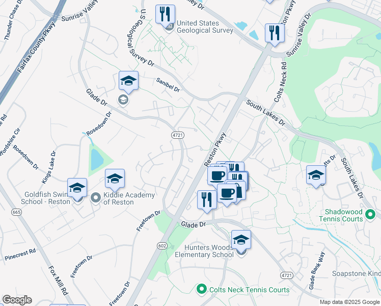 map of restaurants, bars, coffee shops, grocery stores, and more near 2244 Stone Wheel Drive in Reston