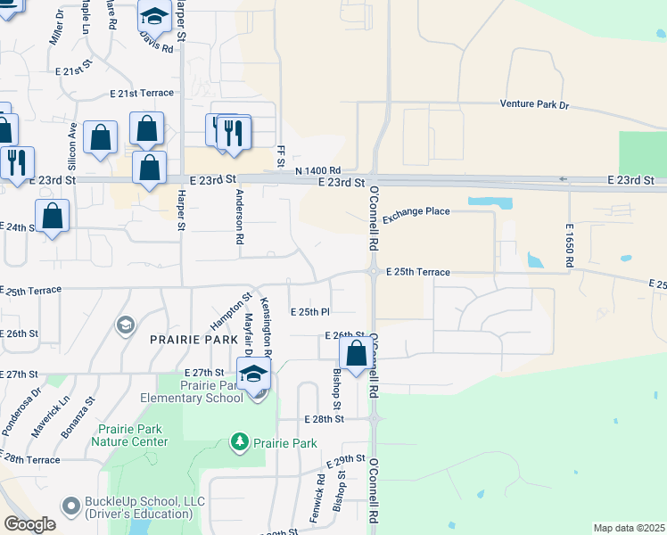 map of restaurants, bars, coffee shops, grocery stores, and more near 2140 East 25th Terrace in Lawrence