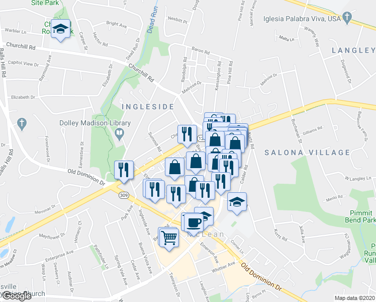 map of restaurants, bars, coffee shops, grocery stores, and more near 1313 Dolley Madison Boulevard in McLean
