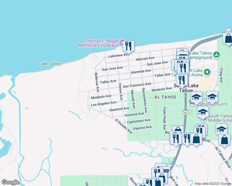 map of restaurants, bars, coffee shops, grocery stores, and more near 769 Modesto Avenue in South Lake Tahoe