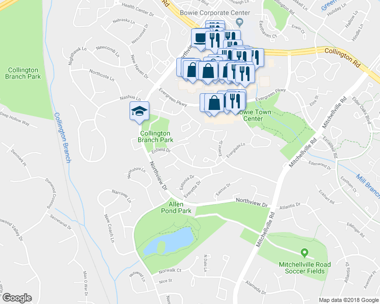 map of restaurants, bars, coffee shops, grocery stores, and more near 15503 Empress Way in Bowie