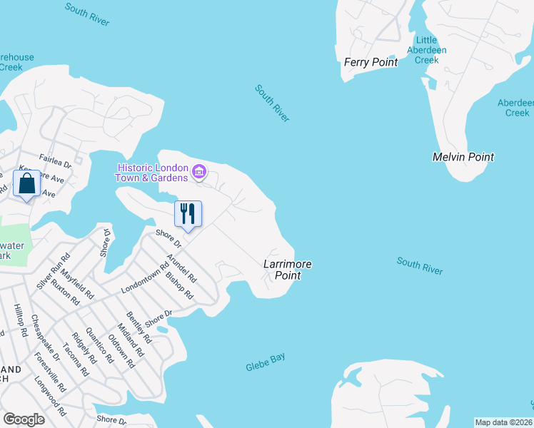 map of restaurants, bars, coffee shops, grocery stores, and more near 1512 Londontown Court in Edgewater