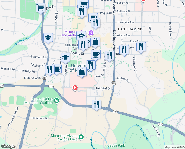 map of restaurants, bars, coffee shops, grocery stores, and more near 850 Hitt Street in Columbia