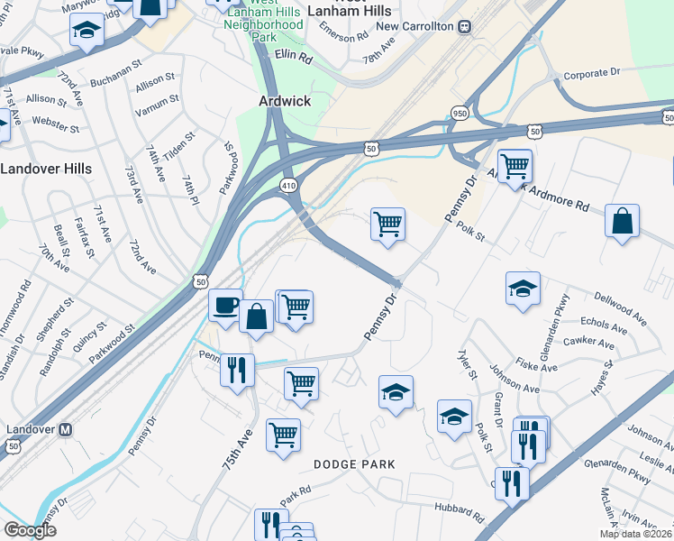 map of restaurants, bars, coffee shops, grocery stores, and more near 3500 Pennsy Drive in Hyattsville