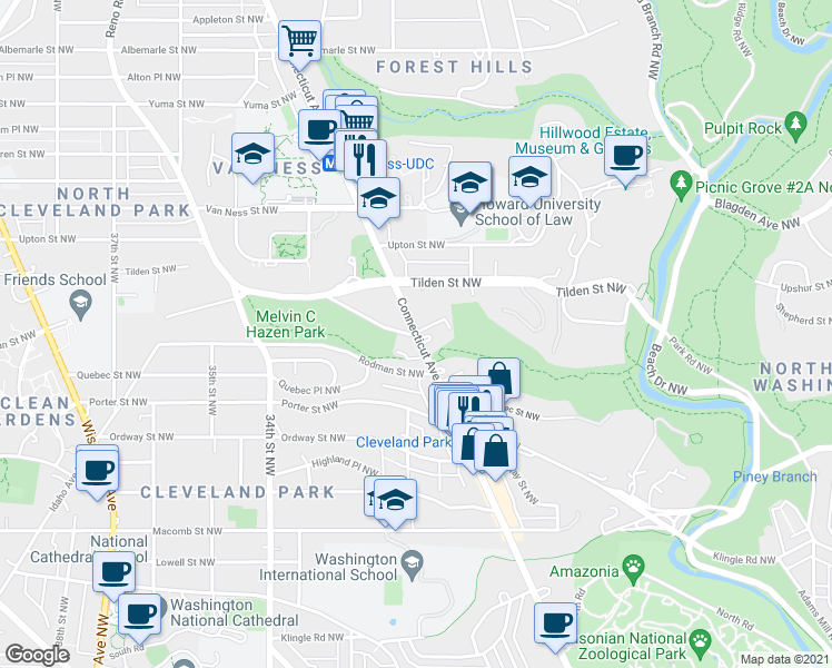 map of restaurants, bars, coffee shops, grocery stores, and more near Connecticut Avenue Northwest & Sedgwick Street Northwest in Washington