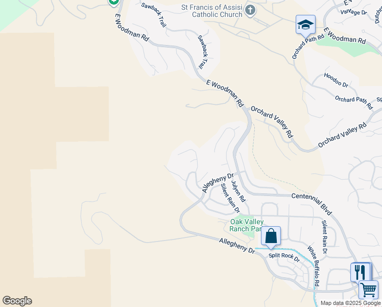 map of restaurants, bars, coffee shops, grocery stores, and more near 7555 Hollandale Drive in Colorado Springs