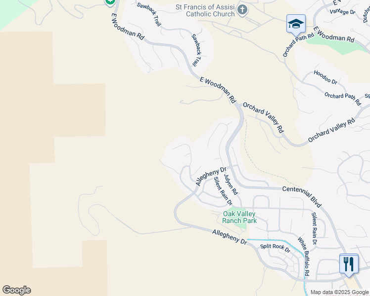 map of restaurants, bars, coffee shops, grocery stores, and more near 7555 Hollandale Drive in Colorado Springs