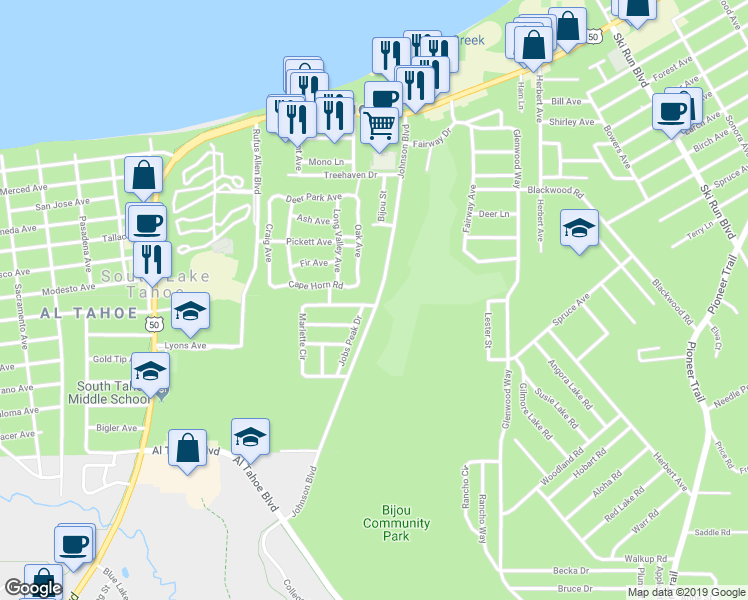 map of restaurants, bars, coffee shops, grocery stores, and more near 1148 Oak Avenue in South Lake Tahoe