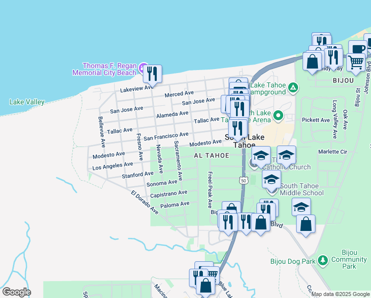 map of restaurants, bars, coffee shops, grocery stores, and more near 881 Modesto Avenue in South Lake Tahoe