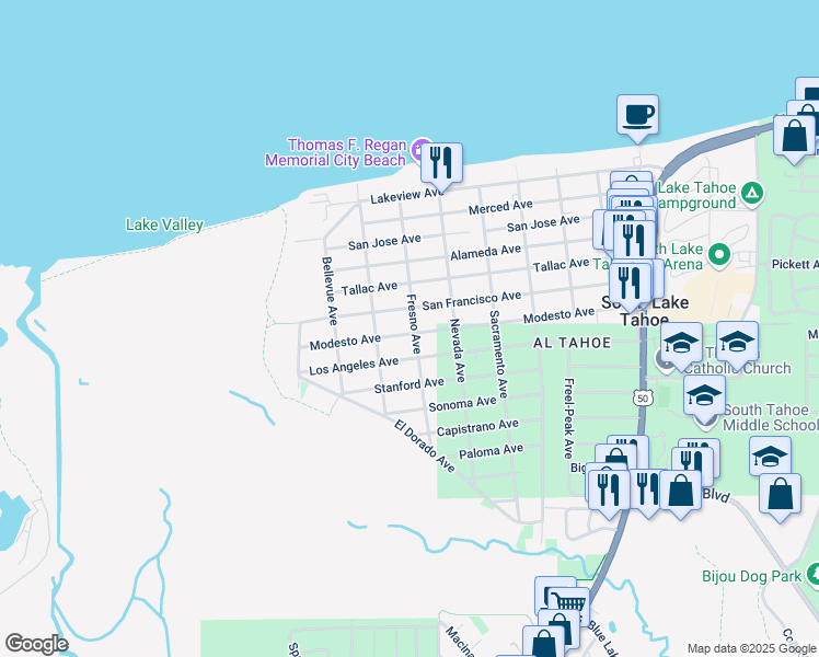 map of restaurants, bars, coffee shops, grocery stores, and more near 777 San Francisco Avenue in South Lake Tahoe