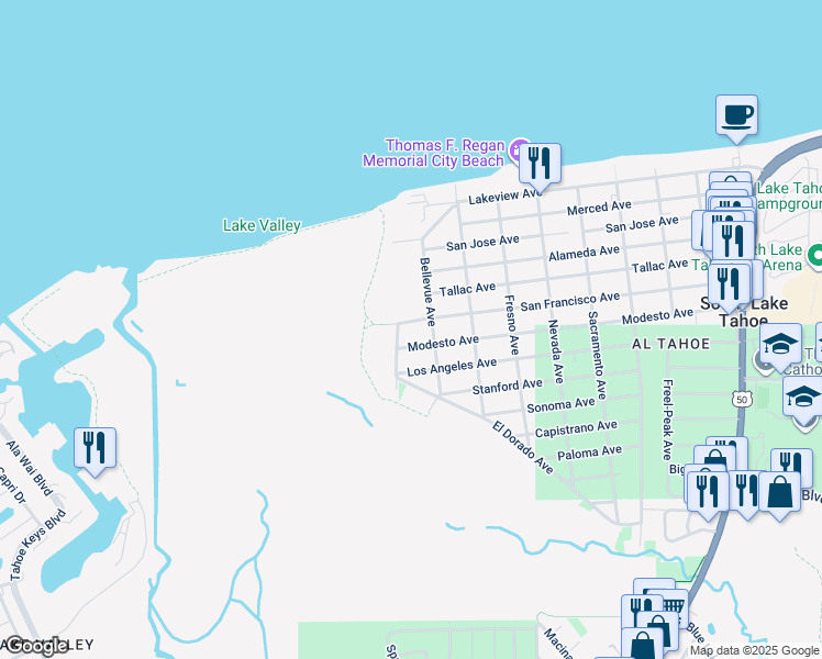 map of restaurants, bars, coffee shops, grocery stores, and more near 3097 Bellevue Avenue in South Lake Tahoe