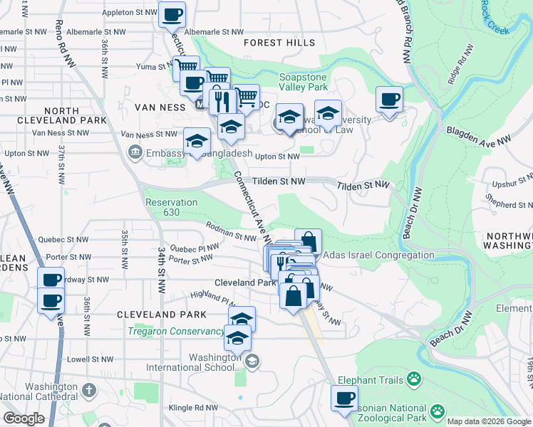 map of restaurants, bars, coffee shops, grocery stores, and more near 3801 Connecticut Avenue Northwest in Washington