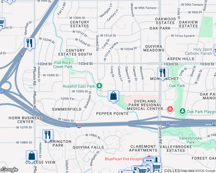 map of restaurants, bars, coffee shops, grocery stores, and more near 12622 West 104th Terrace in Lenexa