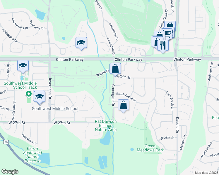 map of restaurants, bars, coffee shops, grocery stores, and more near 2451 Crossgate Drive in Lawrence