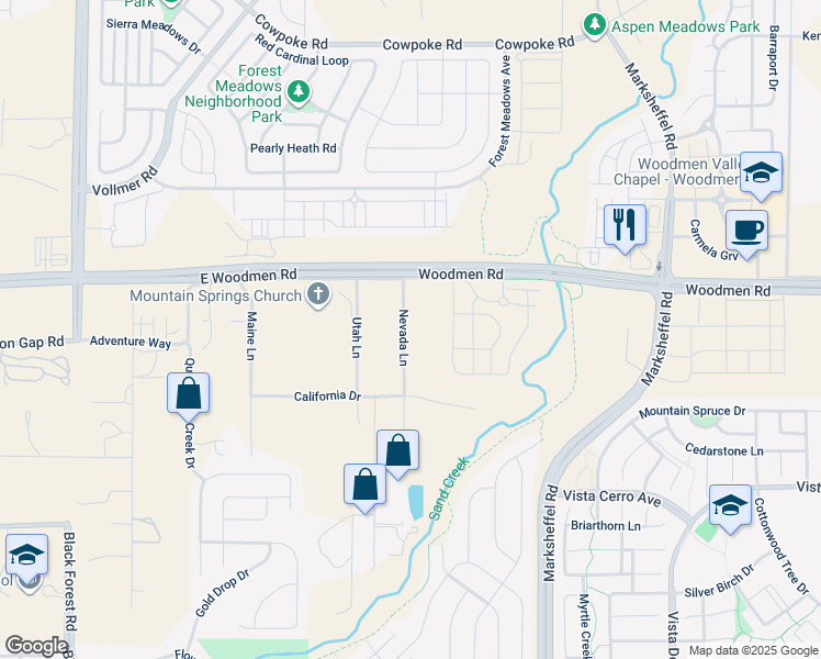 map of restaurants, bars, coffee shops, grocery stores, and more near 7525 Adventure Way in Colorado Springs