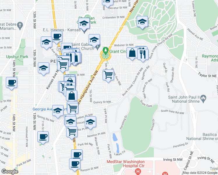 map of restaurants, bars, coffee shops, grocery stores, and more near 3917 5th Street Northwest in Washington