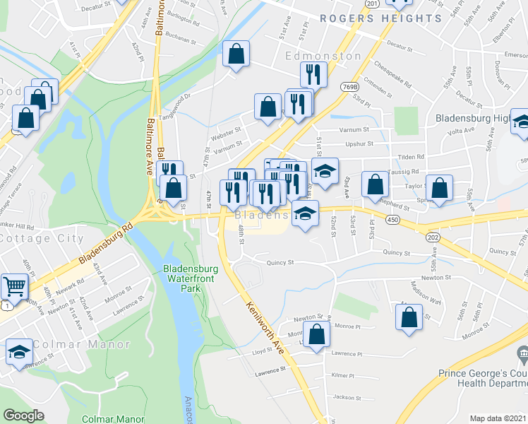 map of restaurants, bars, coffee shops, grocery stores, and more near 4850 Annapolis Road in Bladensburg