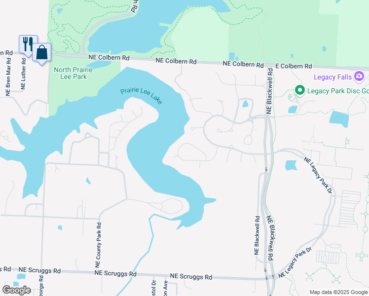 map of restaurants, bars, coffee shops, grocery stores, and more near 2333 Northeast Lake Breeze Lane in Lee's Summit