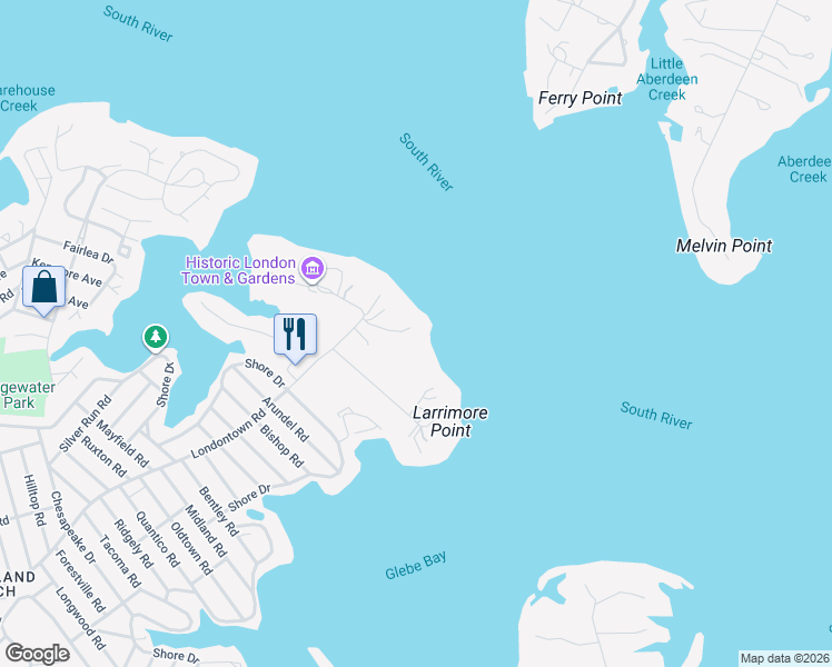 map of restaurants, bars, coffee shops, grocery stores, and more near 1512 Londontown Court in Edgewater