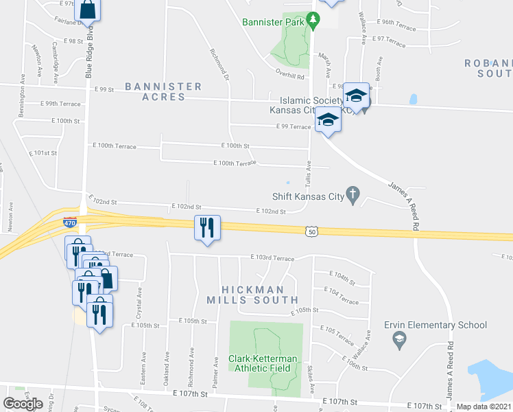 map of restaurants, bars, coffee shops, grocery stores, and more near 7810 East 102nd Street in Kansas City